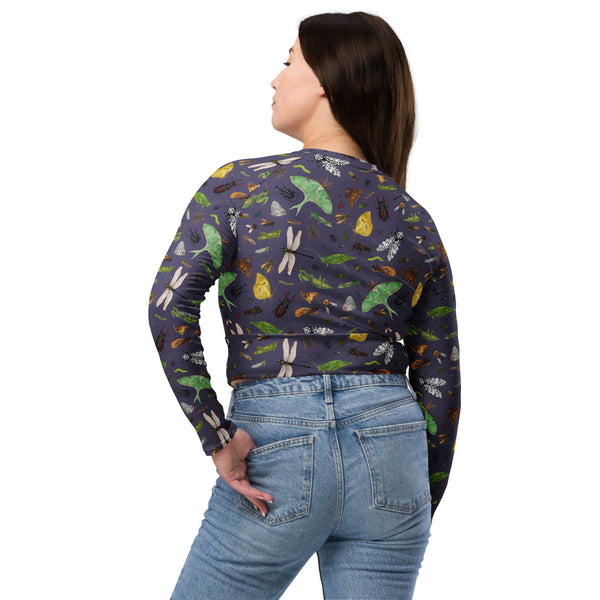 Insects Recycled Long Sleeve Crop Top - Purple