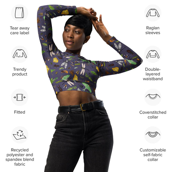 Insects Recycled Long Sleeve Crop Top - Purple