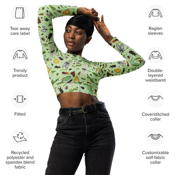 Insects Recycled Long Sleeve Crop Top - Light Green