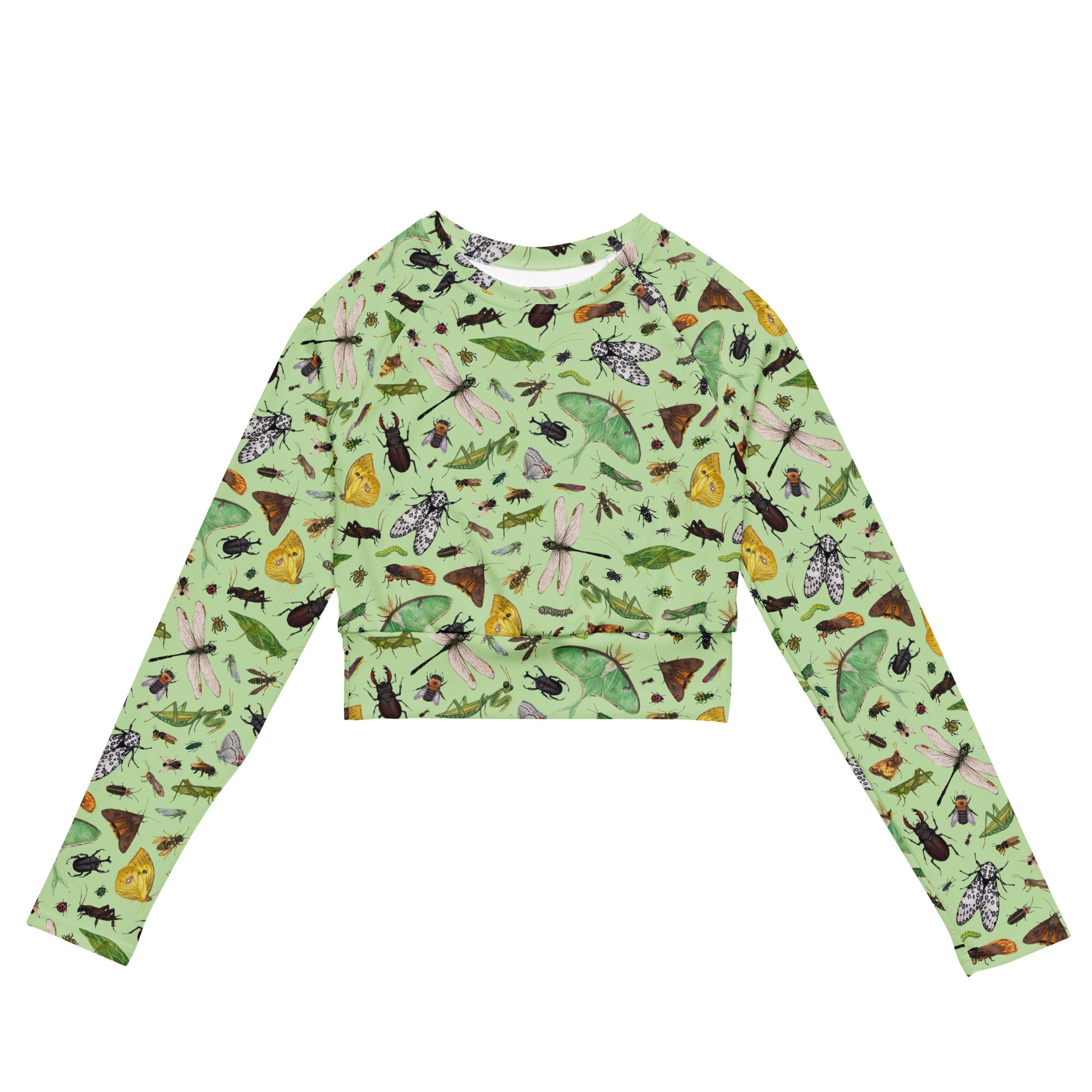 Insects Recycled Long Sleeve Crop Top - Light Green – Kate Dolamore Art